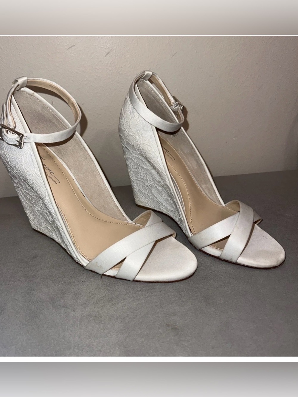 Vince Camuto White Lace Wedge Sandals with Ankle Strap